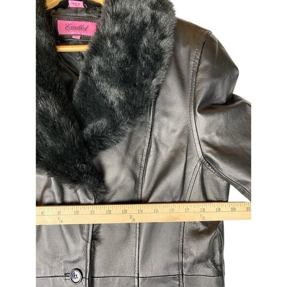 Women's Long Black Leather Trench Coat Faux Fur Trim Excelled Collection Size L - Picture 9 of 12